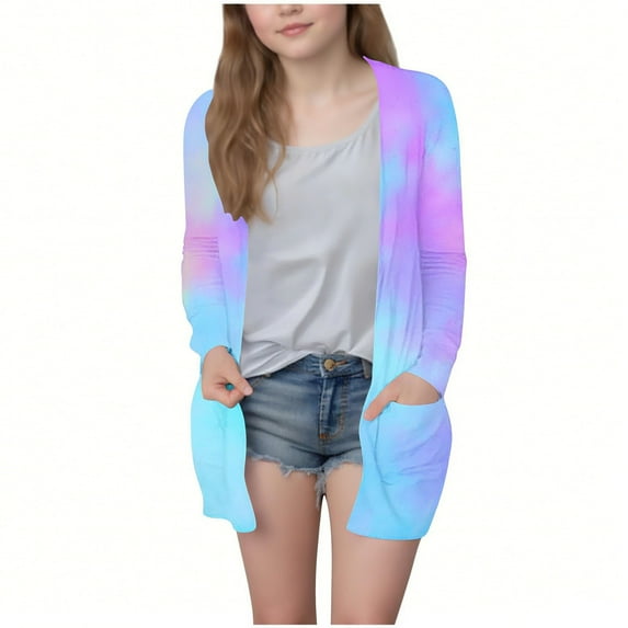 aohooy Girl Knit Cardigan Tie Dye Lightweight Open Front Cardigans Shawl Collar Long Sleeve Oversized Outerwear Sweater with Pockets Blue,120
