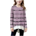 thumbnail image 1 of aohooy Girl Tshirt Stripe Long Sleeve Crewneck Tunic Lace Trim Hem Trendy Blouses Cute Fall Pullover Loose Soft Tops Brown,8-9Years, 1 of 6