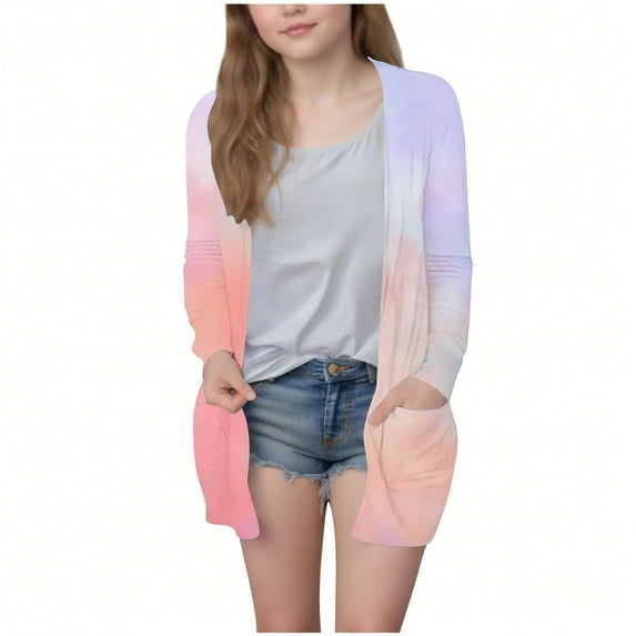aohooy Girls Open Knit Cardigan Tie Dye Lightweight Fall Trendy Cardigans Shawl Collar Long Sleeve Oversized Outerwear Sweater with Pockets Purple,160
