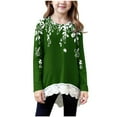 thumbnail image 1 of aohooy Girls Tops Full Sleeve Long Sleeve Crewneck Tunic Lace Trim Hem Blouses Cute Boho Fall Pullover Printed Loose Soft Tees Army Green,12-13Years, 1 of 6