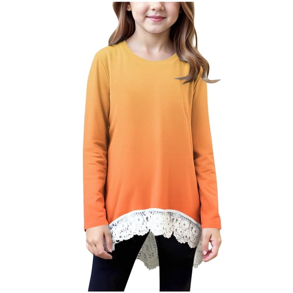 aohooy Girls Winter Tops Gradient Solid Long Sleeve Crewneck Tunic Lace Trim Hem Trendy Blouses Cute Fall Pullover Loose Soft Shirts Orange,4-5Years