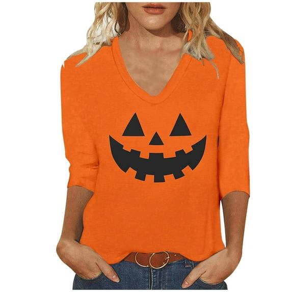 aohooy Halloween Funny Shirts Women Three Quarter Sleeve Plus Size Graphic T-Shirts Holiday Festivel Party V Neck Tunic Tops Multicolor,L