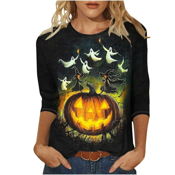 aohooy Halloween Shirt Plus Size Women Three Quarter Sleeve Funny Graphic T-Shirts Holiday Festivel Party Crewneck Tunic Tops Multicolor,L