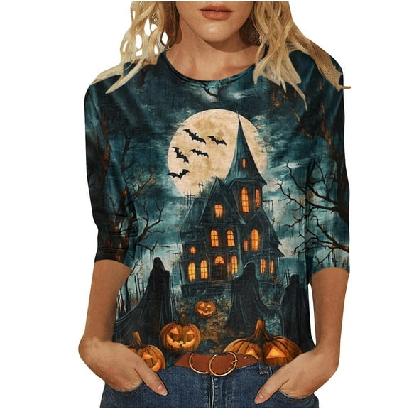 aohooy Halloween Shirt Women Funny Ghost Witch Pumpkin Print 3/4 Length Sleeve Tunic Tops Plus Size Party Gifts Blouse Multicolor,S