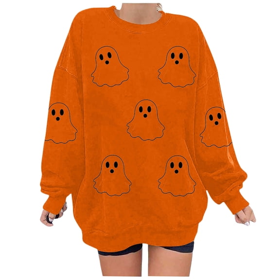 aohooy Halloween Shirt Women Oversized Ghost Sweatshirts Crewneck Cute Spooky Season Graphic Long Sleeve Shirts Orange,M