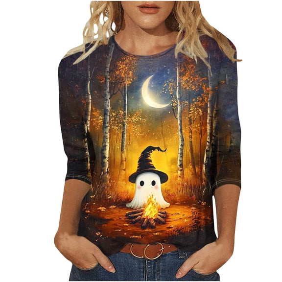aohooy Halloween Shirt Women Plus Size Three Quarter Sleeve Funny Graphic T-Shirts Holiday Festivel Party Crewneck Tunic Tops Multicolor,XXXXXL