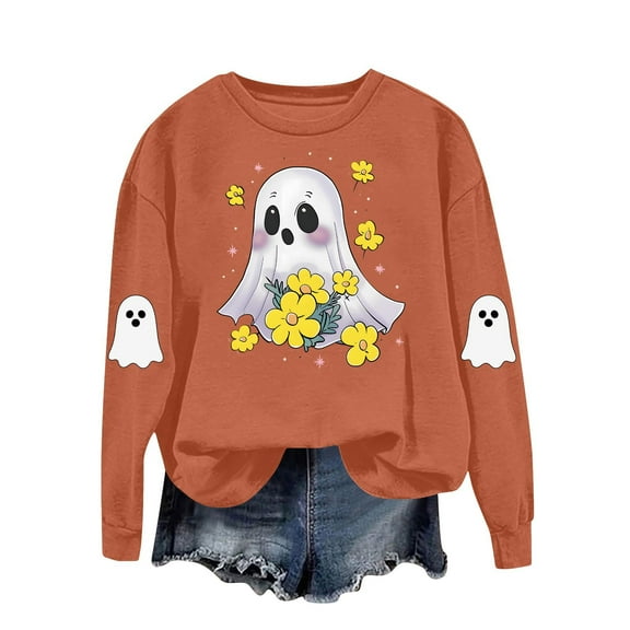 aohooy Halloween Shirt Womens Cute Funny Ghost Pumpkin Graphic Long Sleeve Shirt Fall Spooky Pullover Sweatshirts Tops Orange,XL