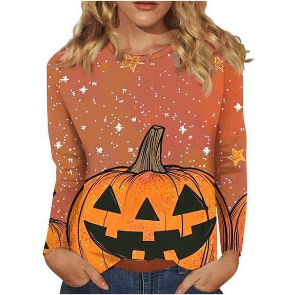 aohooy Halloween Shirt Womens Long Sleeve Pumpkin Print Loose Pullover Tops Crew Neck Casual Halloween Costumes 2025 Plus Size Blue,L