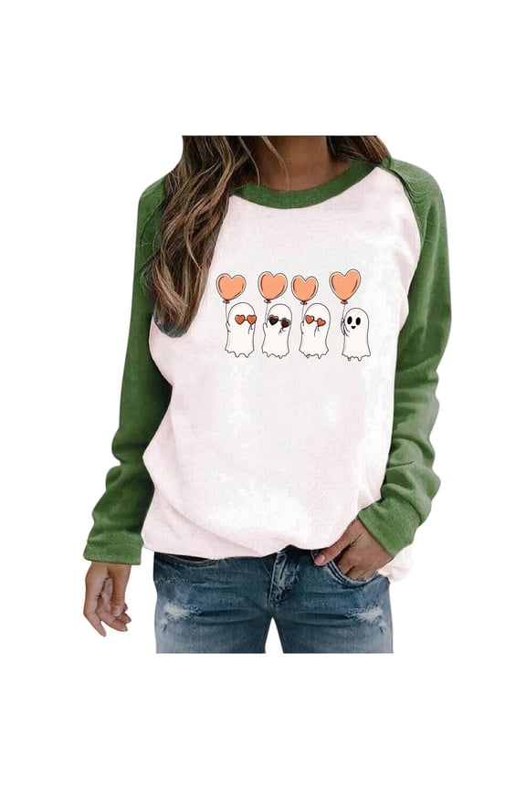 Halloween Shirt Womens Raglan Long Sleeve Crewneck Sweatshirt Funny Ghost Print Tops Vintgae Festival Clothes Gift Green,S