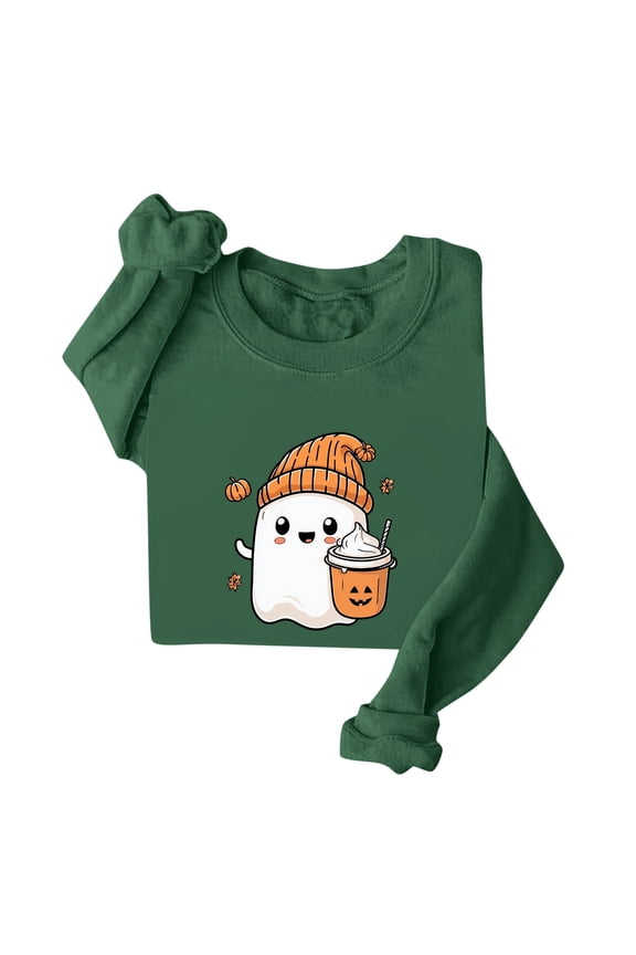 Halloween Shirt for Women Cute Funny Ghost Pumpkin Graphic Long Sleeve Shirt Fall Spooky Pullover Sweatshirts Tops Army Green,L