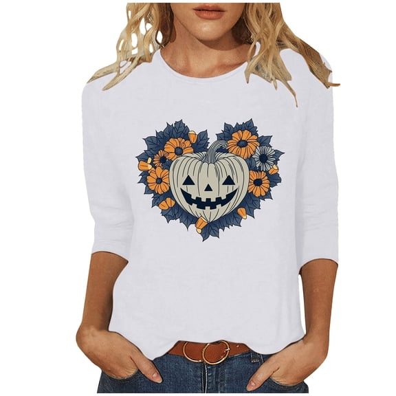 aohooy Halloween Shirt for Women Plus Size 3/4 Sleeve Crewneck Shirt Funny Holiday Tees Pumpkin Witch Ghost Graphic Tee Pullover Tops White,L