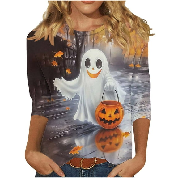 aohooy Halloween Shirt for Women Plus Size Ghost Witch Pumpkin Print 3/4 Length Sleeve Tunic Tops Halloween Costume Gifts Blouse Multicolor,XL