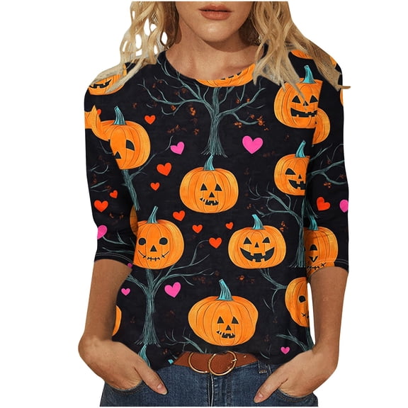 aohooy Halloween Shirts for Plus Size Women 3/4 Sleeve Crewneck Shirt Funny Holiday Tees Pumpkin Witch Ghost Graphic Tee Pullover Tops Multicolor,XXXL