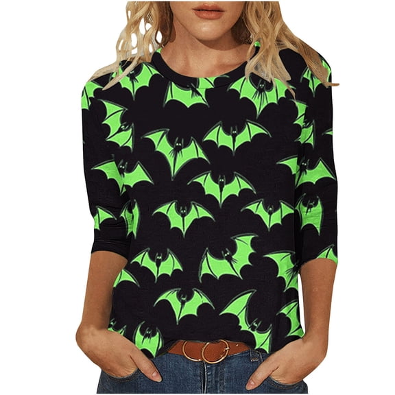 aohooy Halloween Shirts for Women 2025 2025 3/4 Sleeve Funny Graphic T-Shirts Casual Crewneck Witch Pumpkin Ghost Tunic Tops Green,XXL