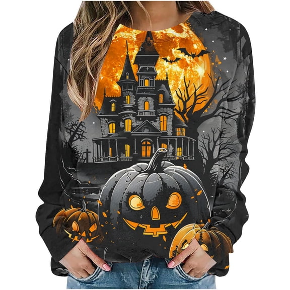 aohooy Halloween Shirts for Women 2025 Crewneck Casual Long Sleeve Fall Sweatshirts Lightweight Pullover Tops Graphic Cute Sweater Dark Gray,XXL