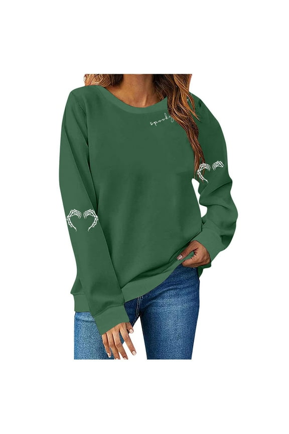 Halloween Shirts for Women Cute Funny Ghost Pumpkin Graphic Long Sleeve Shirt Fall Spooky Pullover Sweatshirts Tops Army Green,M
