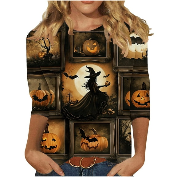 aohooy Halloween Shirts for Women Plus Ghost Witch Pumpkin Print 3/4 Length Sleeve Tunic Tops Halloween Costume Gifts Blouse Multicolor,XXXL