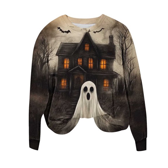 aohooy Halloween Sweatshirt Womens 2025 Crewneck Casual Long Sleeve Fall Sweatshirts Lightweight Pullover Tops Graphic Cute Sweater Multicolor,XL