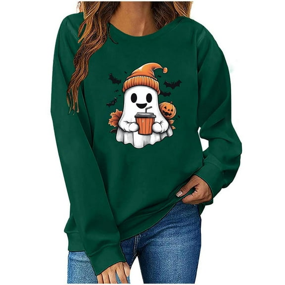 aohooy Halloween T Shirt Women Halloween Sweatshirts Cute Ghost Graphic Crewneck Sweatshirt Oversized Long Sleeve Pullover Tops 2025 Green,XS