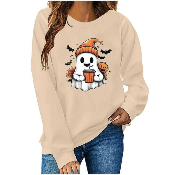 aohooy Halloween T Shirt Women Halloween Sweatshirts Cute Ghost Graphic Crewneck Sweatshirt Oversized Long Sleeve Pullover Tops 2025 Khaki,XS