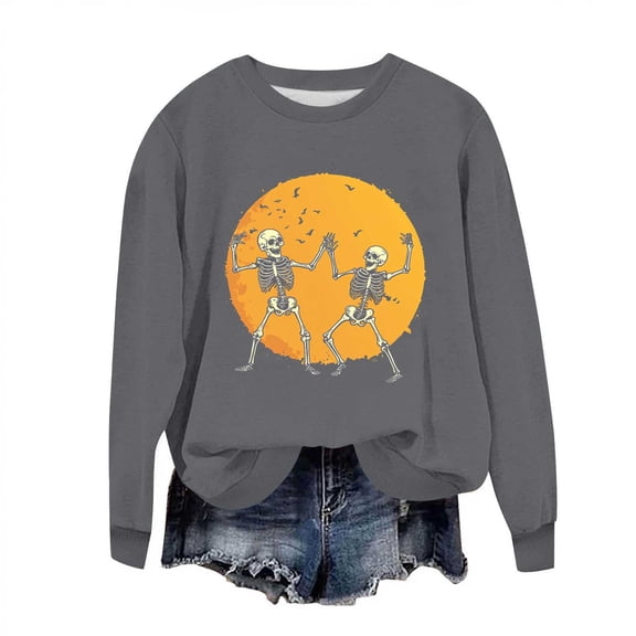 aohooy Halloween T Shirt Womens Cute Funny Ghost Pumpkin Graphic Long Sleeve Shirt Fall Spooky Pullover Sweatshirts Tops Gray,XXL
