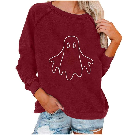 aohooy Halloween T-Shirt for Women 2025 Novelty Witch Pumpkin Ghost Bat Print Gothic Shirts Long Sleeve Crewneck Pullover Wine,S