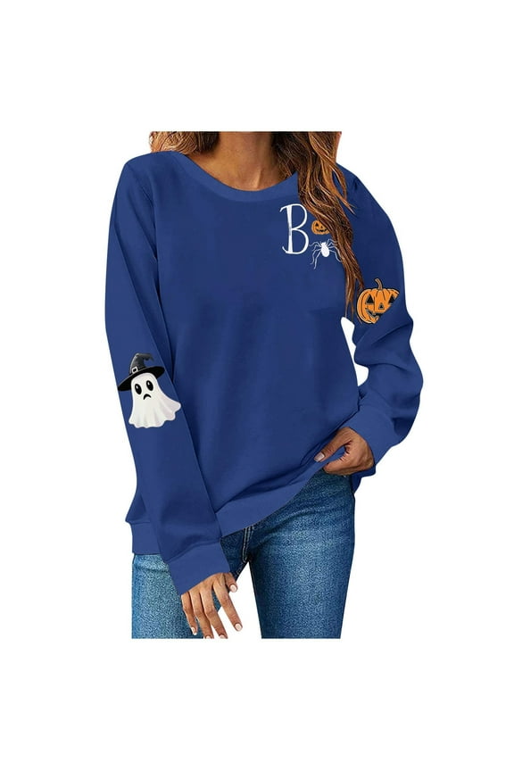 Halloween T Shirt for Women Sweatshirts for Women Ghost Print Long Sleeve Crewneck Pullover Loose Fit Cute Graphic Tee Shirt Navy,L