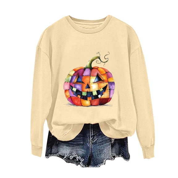 aohooy Halloween T-Shirts Women 2025 Novelty Witch Pumpkin Ghost Bat Print Gothic Shirts Long Sleeve Crewneck Pullover Beige,L