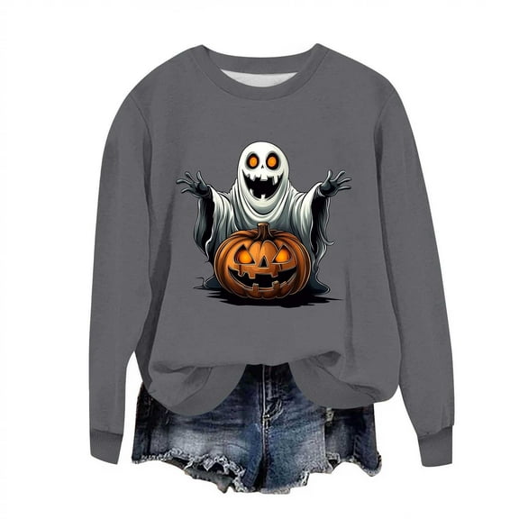 aohooy Halloween T Shirts Women Cute Funny Ghost Pumpkin Graphic Long Sleeve Shirt Fall Spooky Pullover Sweatshirts Tops Gray,S