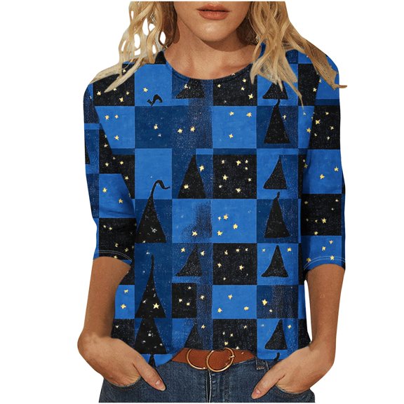 aohooy Halloween T Shirts for Women Plus Size 3/4 Sleeves Fall Shirts Halloween Theme Graphic Tees Tops Vacation Shirts Crewneck Pullover 2025 Multicolor,XXL