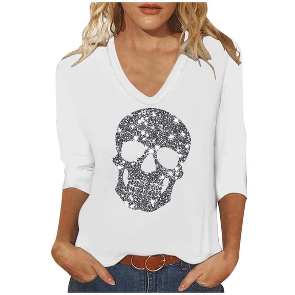 aohooy Halloween T Shirts for Women 3/4 Sleeve Glitter Skull Print Spooky Season Tees V Neck Tops Trendy Blouses Party Shirts White,XXXXL