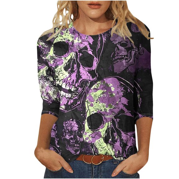 aohooy Halloween T Shirts for Women Plus Size Three Quarter Sleeve Funny Graphic T-Shirts Holiday Festivel Party Crewneck Tunic Tops Multicolor,XXXXL