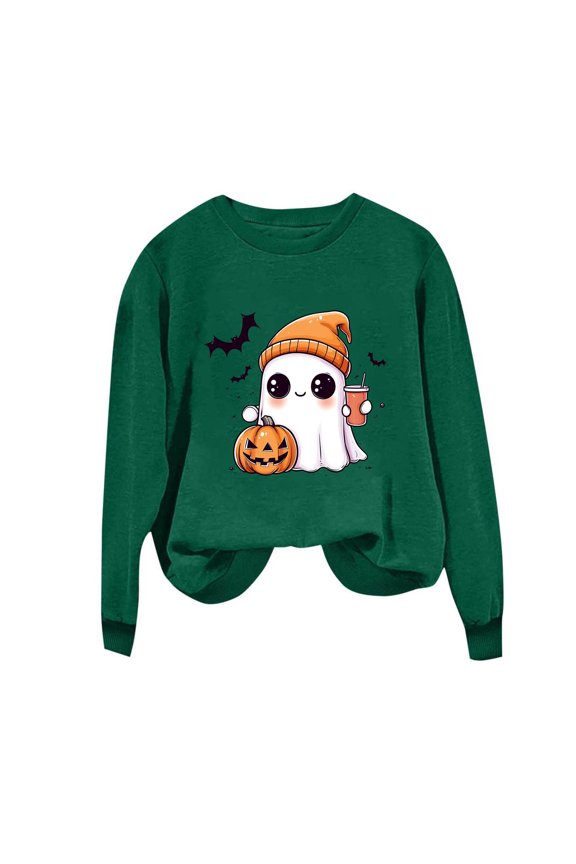 Halloween Tee Shirts Women Halloween Sweatshirts Cute Ghost Graphic Crewneck Sweatshirt Oversized Long Sleeve Pullover Tops 2025 Army Green,M