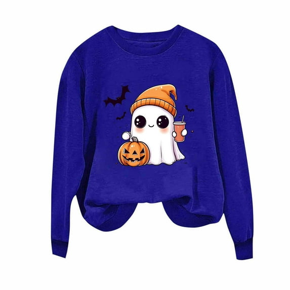 aohooy Halloween Tee Shirts Women Halloween Sweatshirts Cute Ghost Graphic Crewneck Sweatshirt Oversized Long Sleeve Pullover Tops 2025 Blue,XS