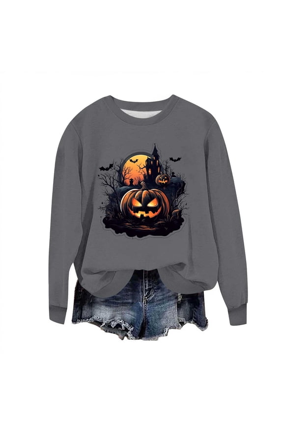 Halloween Tee Shirts Women Sweatshirts for Women Ghost Print Long Sleeve Crewneck Pullover Loose Fit Cute Graphic Tee Shirt Gray,XL