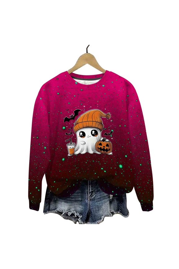 Halloween Tops Women Crew Neck Cute Funny Ghost Pumpkin Graphic Long Sleeve Shirt Fall Spooky Pullover Sweatshirts Tops Hot Pink,S