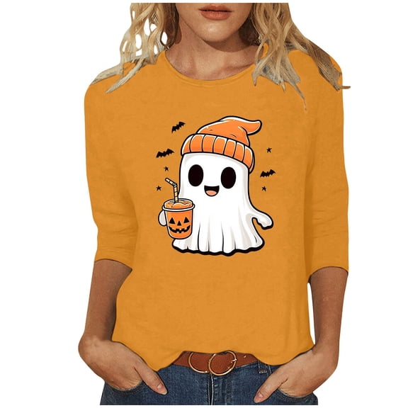 aohooy Halloween Tops for Women Plus Size 3/4 Sleeve Crewneck Shirt Funny Holiday Tees Pumpkin Witch Ghost Graphic Tee Pullover Tops Yellow,XL