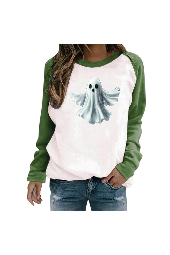 Halloween Tshirt Women Raglan Long Sleeve Crewneck Sweatshirt Funny Ghost Print Tops Vintgae Festival Clothes Gift Green,S