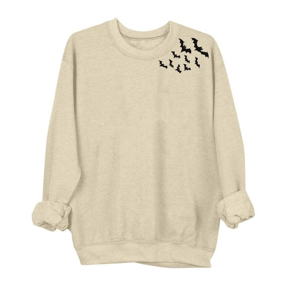 aohooy Halloween Tshirt for Women 2025 Novelty Witch Pumpkin Ghost Bat Print Gothic Shirts Long Sleeve Crewneck Pullover Beige,S
