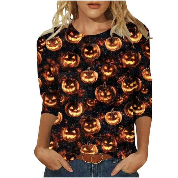 aohooy Halloween Tshirts Plus Size Women 3/4 Length Sleeve Womens Tops Crew Neck Cute Ghost Pumpkin Witch Bats Print Shirts Multicolor,XXXXXL