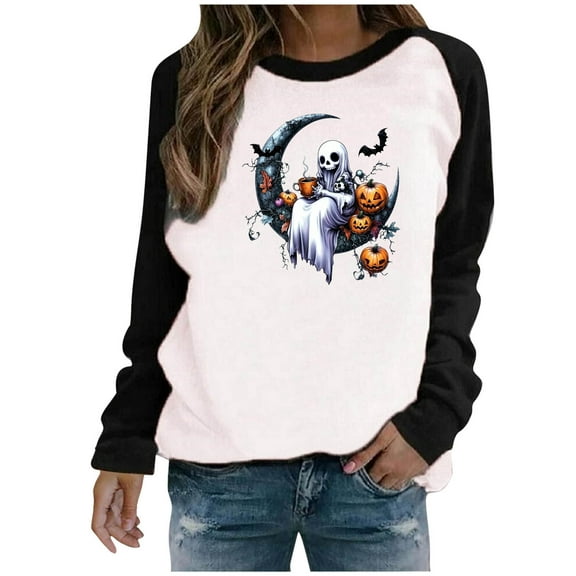 aohooy Halloween Tshirts Women 2025 Crewneck Casual Long Sleeve Fall Sweatshirts Lightweight Pullover Tops Graphic Cute Sweater Black,S