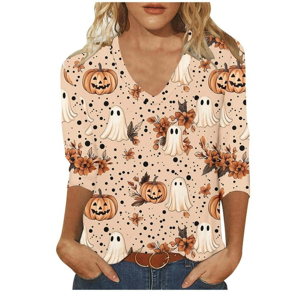 aohooy Halloween Tshirts Women Funny Three Quarter Sleeve Plus Size Graphic T-Shirts Holiday Festivel Party V Neck Tunic Tops Multicolor,XXXXL