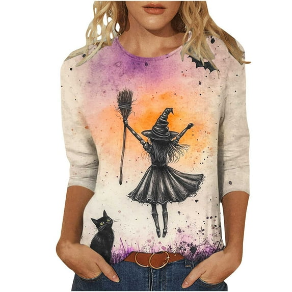 aohooy Halloween Tshirts Women Plus Size Three Quarter Sleeve Funny Graphic T-Shirts Holiday Festivel Party Crewneck Tunic Tops Multicolor,XXXL