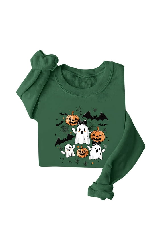 Halloween Tshirts for Women Sweatshirts for Women Ghost Print Long Sleeve Crewneck Pullover Loose Fit Cute Graphic Tee Shirt Army Green,L
