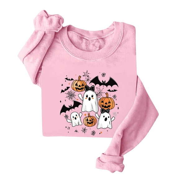 aohooy Halloween Tshirts for Women Sweatshirts for Women Ghost Print Long Sleeve Crewneck Pullover Loose Fit Cute Graphic Tee Shirt Pink,S