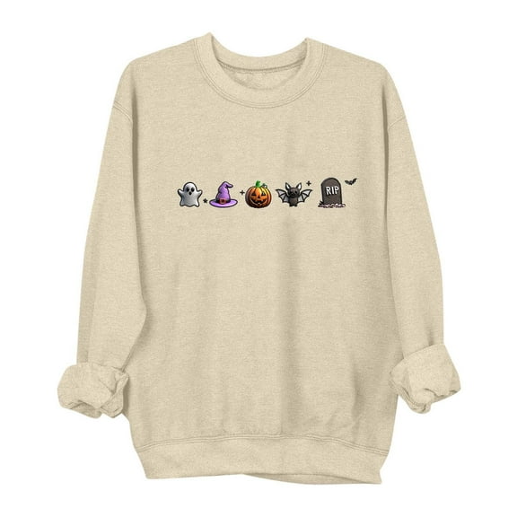 aohooy Halloween Tunic Tops Women 2025 Novelty Witch Pumpkin Ghost Bat Print Gothic Shirts Long Sleeve Crewneck Pullover Beige,XL