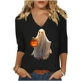 thumbnail image 1 of aohooy Halloween Tunic Women Loose 3/4 Sleeve Funny Graphic T-Shirts Casual V Neck Witch Pumpkin Ghost Tunic Tops Black,L, 1 of 5