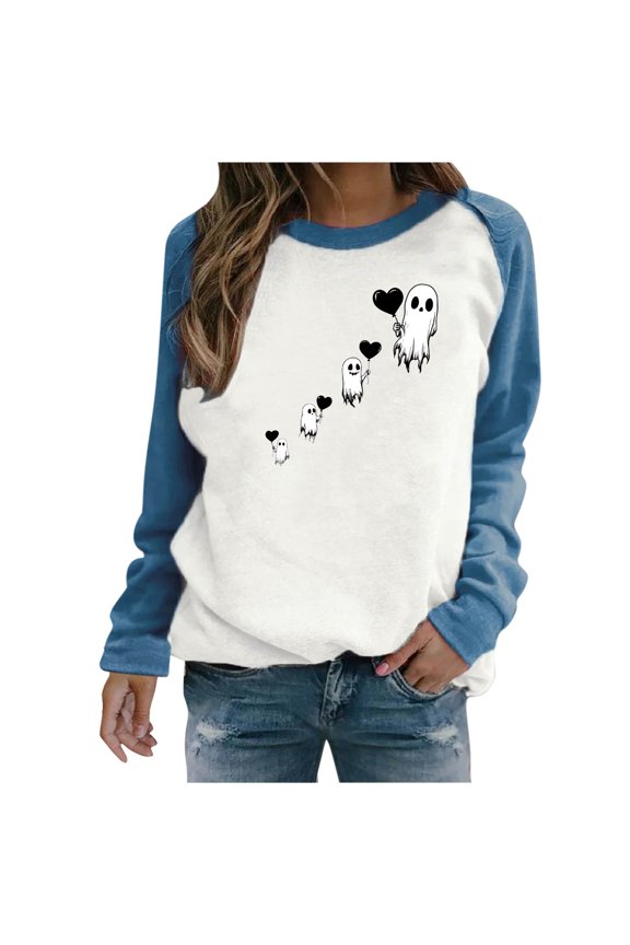 Halloween Women Shirt Raglan Long Sleeve Crewneck Sweatshirt Funny Ghost Print Tops Vintgae Festival Clothes Gift Blue,XXL