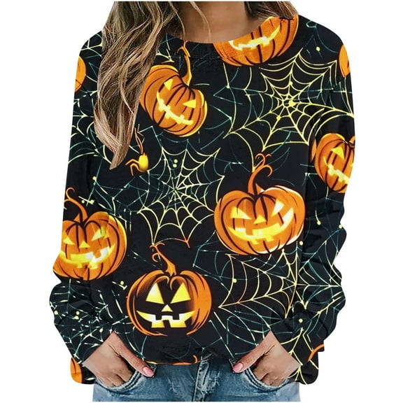 aohooy Halloween Women Sweatshirt 2025 Crewneck Casual Long Sleeve Fall Sweatshirts Lightweight Pullover Tops Graphic Cute Sweater Dark Gray,M