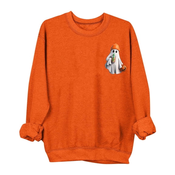 aohooy Halloween Women Sweatshirt 2025 Novelty Witch Pumpkin Ghost Bat Print Gothic Shirts Long Sleeve Crewneck Pullover Orange,XS